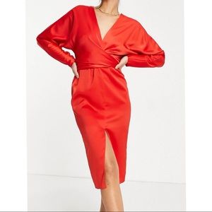 ASOS midi red wrap bat sleeve Holiday dress size 4